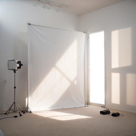 White square stage podium for product display advertising show placed in room interior at clean with window shadow and sunlightの素材