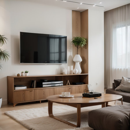 Cabinet TV in modern living room with decoration on wooden wall backgroundingの素材
