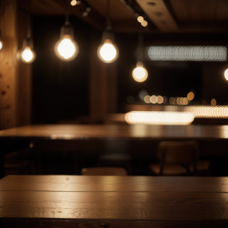 Empty wooden table top with lights bokeh on blur restaurant backgroundの素材