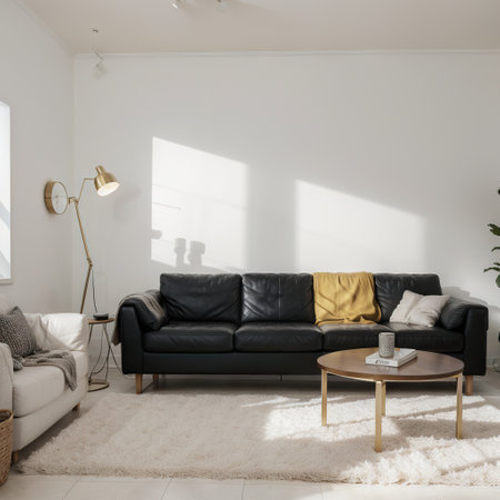 Stylish living room interior with comfortable sofa and floor lamp Space for textの素材