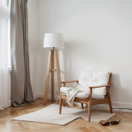 Blank picture frame mockup on white wall Living room design Empty white template copy space for artwork View of modern scandinaの素材