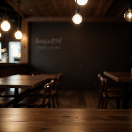 Empty wooden table top with lights bokeh on blur restaurant backgroundの素材