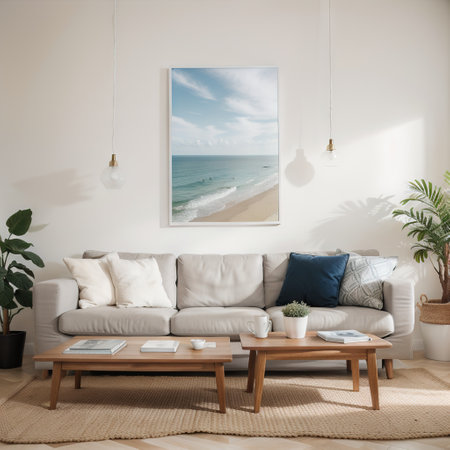 Coastal design living room Mock up white wall in cozy home interior background Hampton style illustrationの素材
