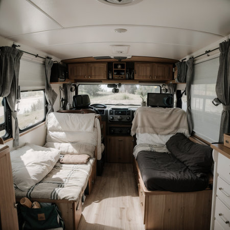 living off grid sustainable ecology lifestyle inside camper van traveling all time and enjoying lifestyle and freedom and in bedの素材