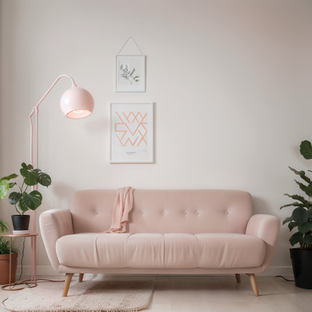 Interior room in plain monochrome pinkish orange color with furnitures and room accessories Light background with copy space ingの素材