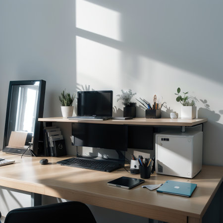 Empty Screen Computer on Desk Blue Backgroundの素材
