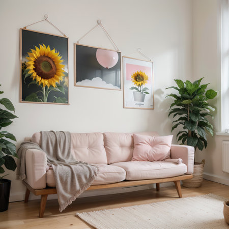 Modern chair and sunflowers on cabinet in flat interior with posters and pink pillows on sofa Real photoの素材