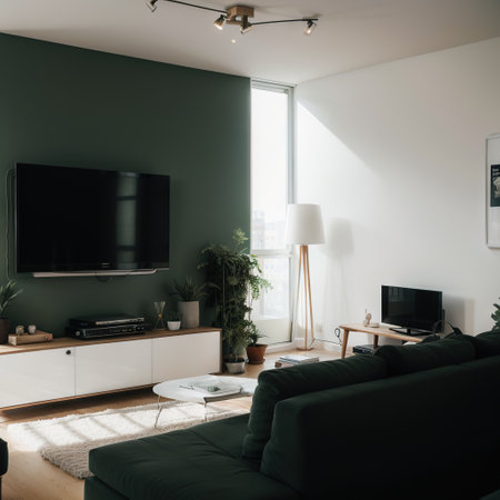 Cabinet for TV on the dark green wall in living roomminimal designingの素材