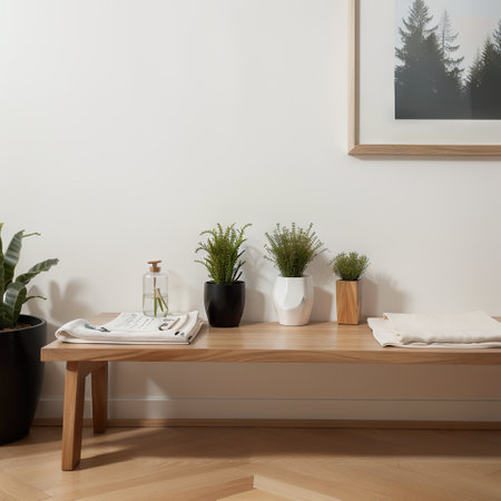 Wooden table top or shelf with minimalistic modern vases over modern white and wooden bedroom potted plants and decors minimalisの素材