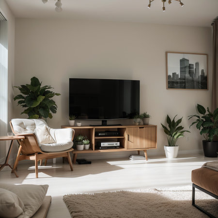 Cabinet TV in modern living room with armchair and plant on concrete wall backgroundingの素材