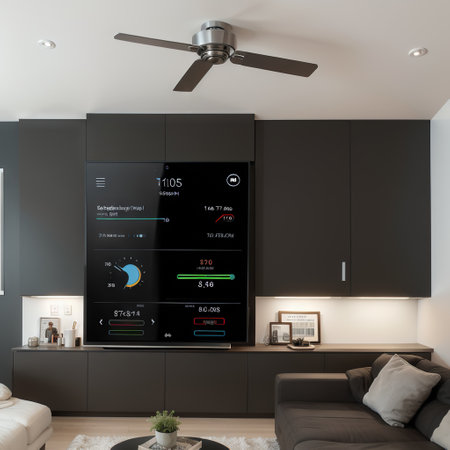 controlling home temperature with electronic thermostat mounted on the wall in living room at home Concept of modern technologiesの素材