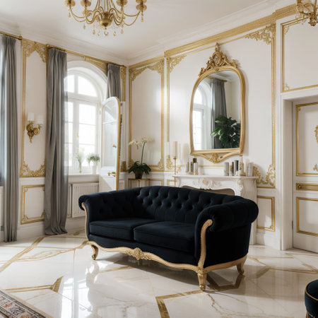 Luxurious interior with a chest of drawers and velvet armchair in a classic style marble floor stucco decor on the wallsの素材