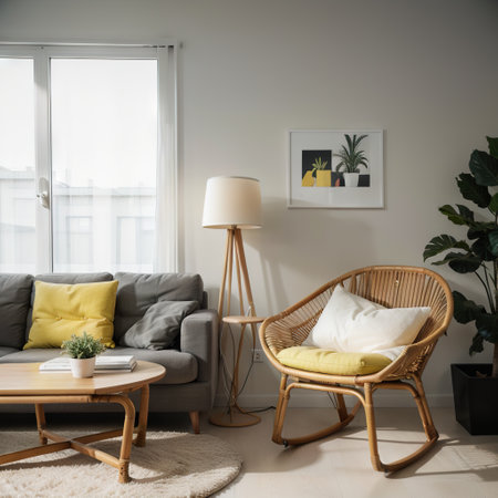 Modern living room interior design yellow chair on gray wall Color of the year 2021の素材