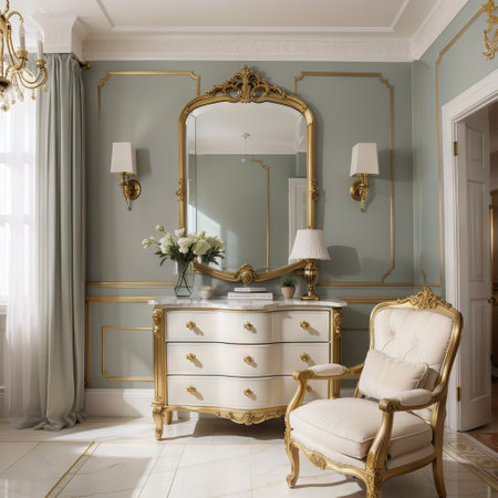 Luxurious interior with a chest of drawers and velvet armchair in a classic style marble floor stucco decor on the wallsの素材