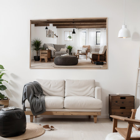 Canvas mockup in minimalist interior background with armchair and rustic decorFront view ingの素材