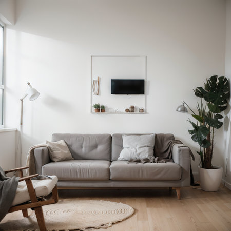 Canvas mockup in minimalist interior background with armchair and rustic decorFront view ingの素材