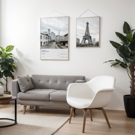 Canvas mockup in minimalist interior background with armchair and rustic decorFront view ingの素材