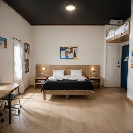 Motel room interior Three some men on the beds in their room Drinking beer and having fun while travelling Isolated flat illuの素材