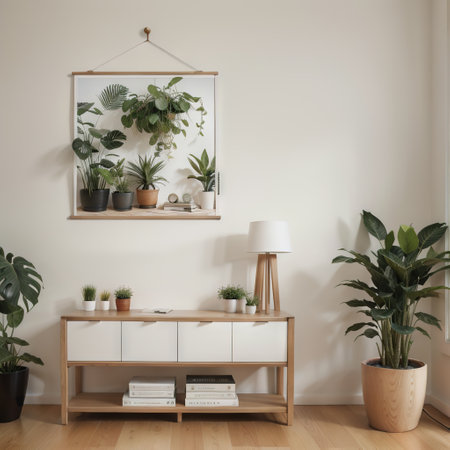 Interior poster mockup with vertical wooden frame in home interior backgroundingの素材