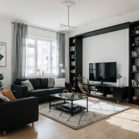 Living room interior Furniture in flat style with sofa bookcase and tvの素材