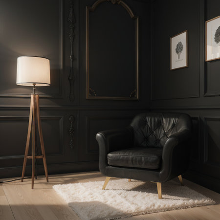 Black room interior with armchair floor lamp and decor illustration mock upの素材