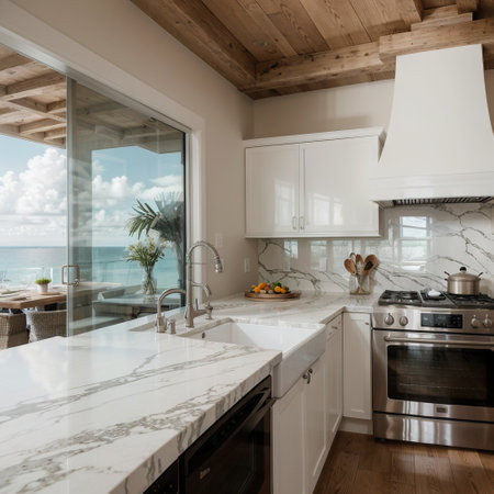 Interior modern and contemporary kitchen with farmhouse style and ocean viewの素材