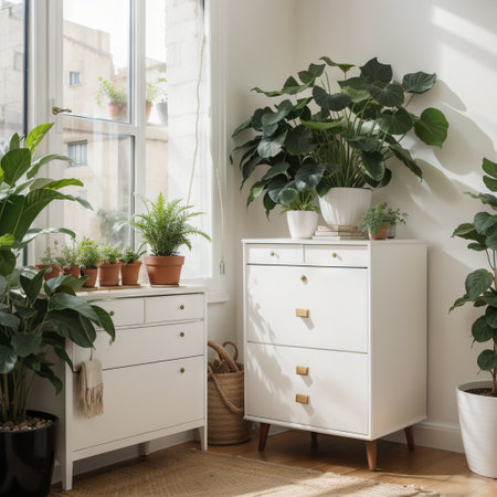 Bright authentic home interiorA white chest and indoor plants in white potsHome gardeningurban junglebiophilic designSelectivの素材
