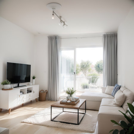 White spacious living room with brick wall sofa and decorations in marine styleの素材