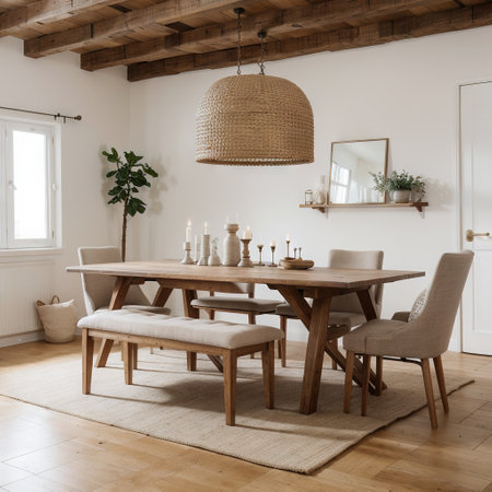 Stylish interior design of spacious dining room with wooden dining table armchairs and beautiful personal accessories Modern homの素材