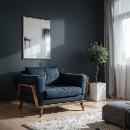 Modern interior of living room with cabinet and armchair on dark blue wall background ingの素材