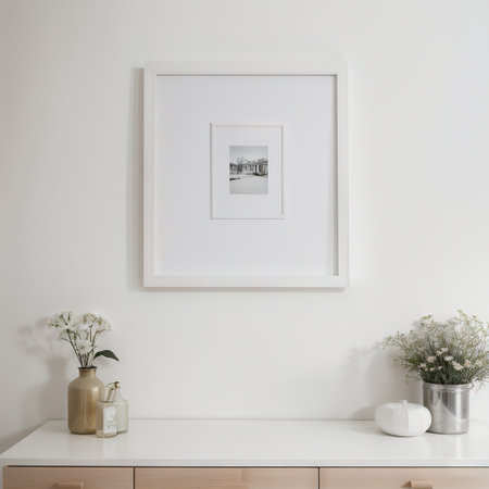 Horizontal picture frame mockup on a wall Artwork template in interior designの素材