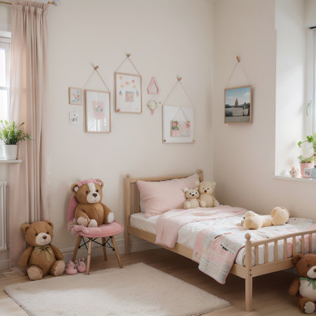 Stylish and beige scandinavian decor of room with mock up poster frame design furnitures natural toys hanging colorful flags pの素材