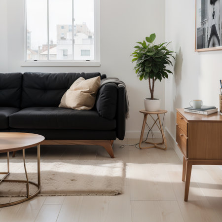 Front view on bright living room interior with empty white poster on the wall sideboard armchair coffee table carpet hardwoodの素材