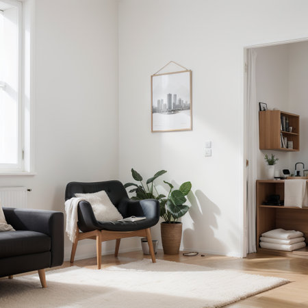 Front view on bright living room interior with empty white poster on the wall sideboard armchair coffee table carpet hardwoodの素材