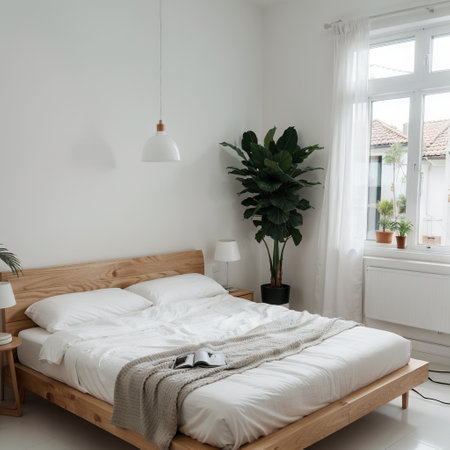 Modern minimal home interior design Tropical palm tree bed with white bed linen mirror side lamp Cozy bedroomの素材