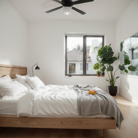 Modern minimal home interior design Tropical palm tree bed with white bed linen mirror side lamp Cozy bedroomの素材