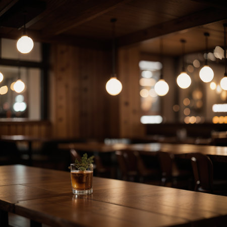 Wooden top table with bokeh light effect and blur restaurant on background blur backgroundの素材