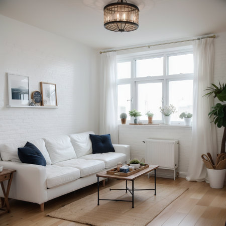 White spacious living room with brick wall sofa and decorations in marine styleの素材