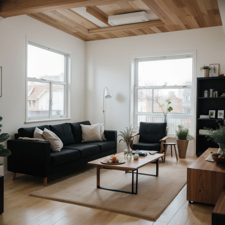 Panoramic view of modern wooden kitchen dining and living room in dark tones sofa with carpet and table with chairs sliding dooの素材