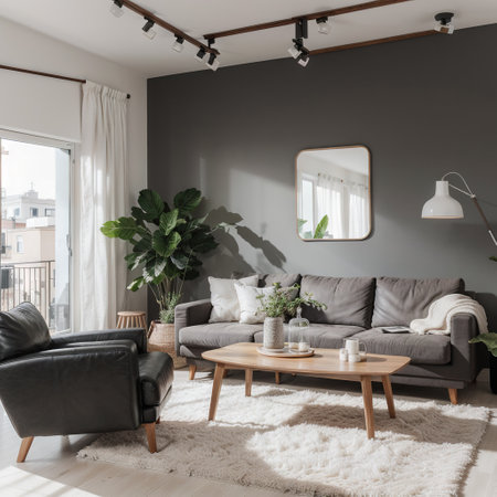 Interior living room wall mockup with leather sofa and decor on wooden wall backgroundingの素材