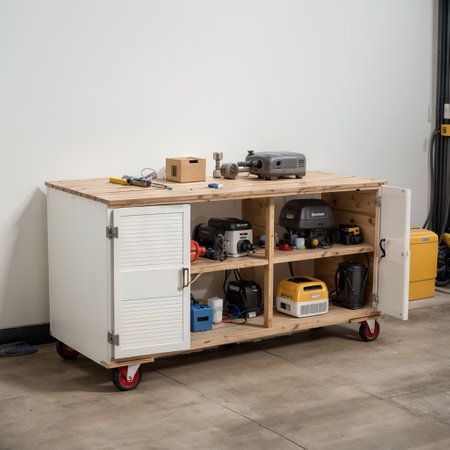 Home suburban car garage interior with wooden shelf tools equipment stuff storage warehouse on white wall indoor Vehicle parkedの素材