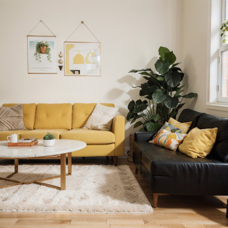 Vintage and cozy space of dining room with mock up poster frame yellow sofa marble coffee table guitar plants commode decoraの素材