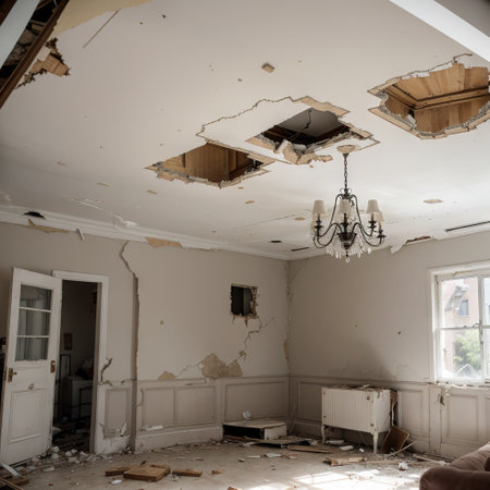 broken ceiling in the room and fallen celierの素材