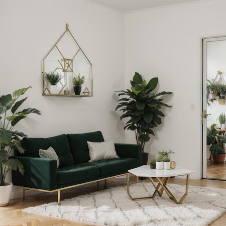 Geometrical carpet in dining room interior with plants table and chairsの素材