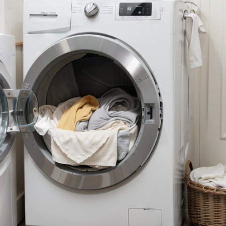 Happy housewife and in laundry with washing machineの素材