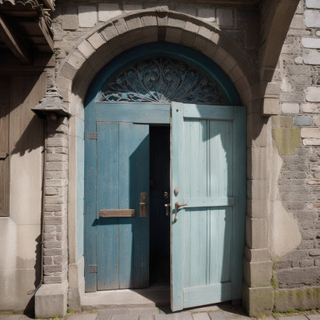 Old blue wooden door in dark concrete wall empty abstract interior background textureの素材