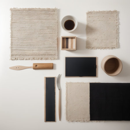 Flat lay of creative architect moodboard composition with samples of building neutral textile and natural materials and personalの素材