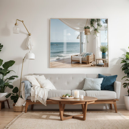Coastal design living room Mock up white wall in cozy home interior background Hampton style illustrationの素材