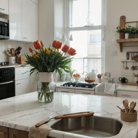 banner ofa kitchen with tulips on the table and white cupboards food on the kitchen counter topの素材