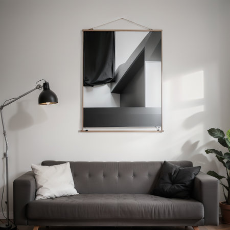 Blank poster on grey wall hipster sofaの素材